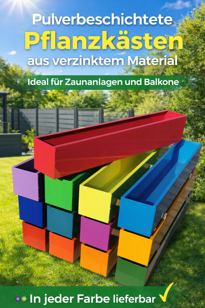 BLUMENKASTEN WUNSCHFARBE PULVERBESCHICHTET, QUERSCHNITT 22 x 22 CM, LÄNGEN 50 - 100 cm