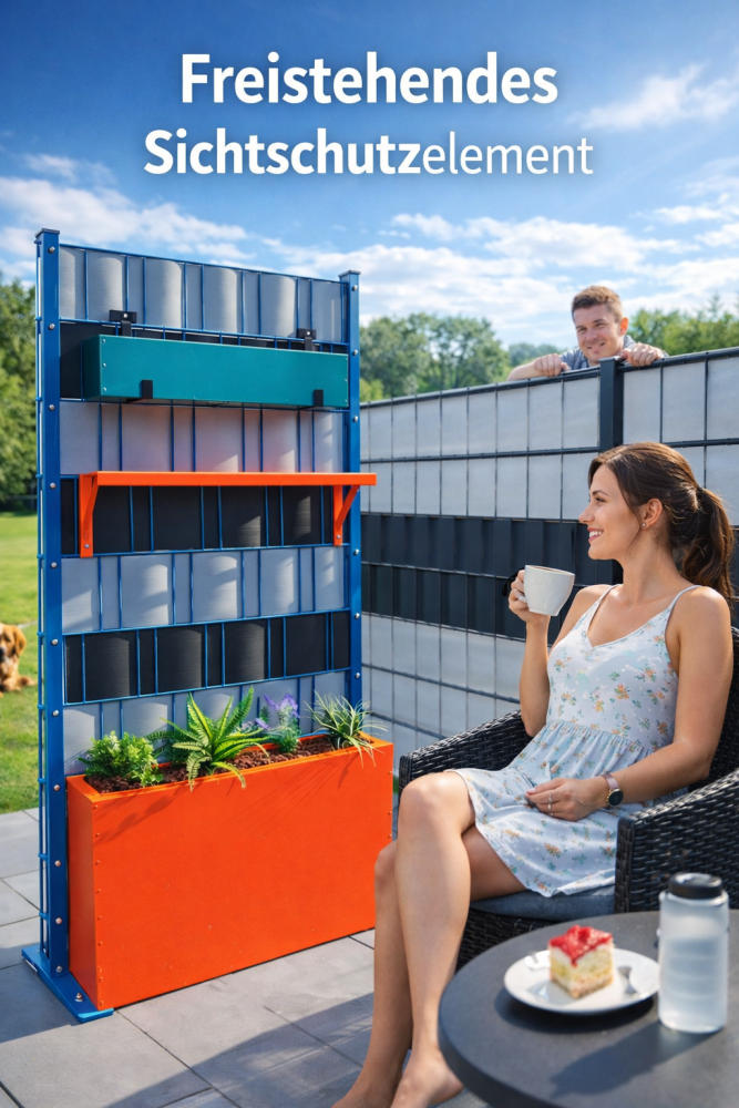 FREISTEHENDES DOPPELSTAB SICHTSCHUTZELEMENT MIT PFLANZKASTEN